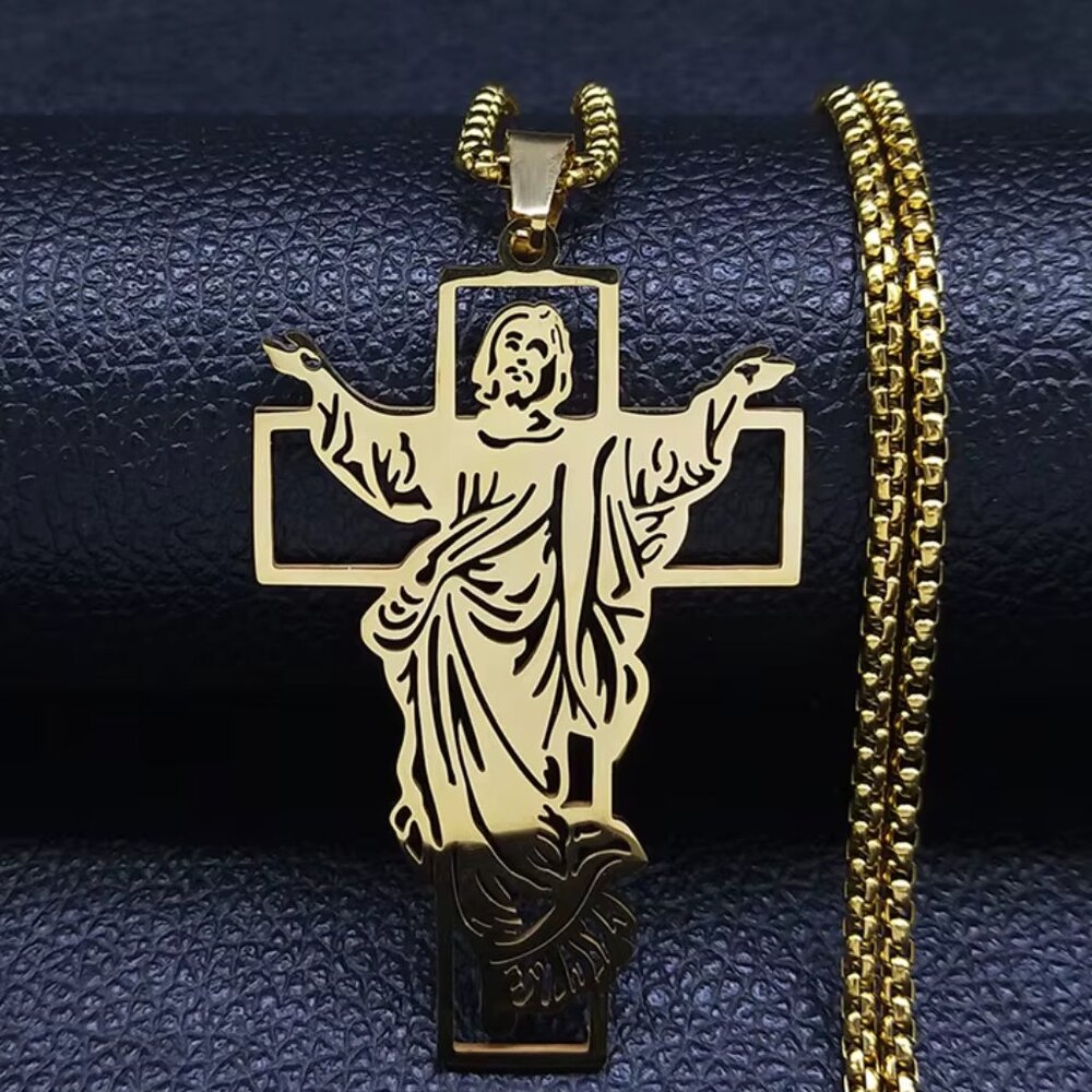 Jesus Open Arms Crucifix Stainless Steel Gold Color Pendant 23" Chain, Jewelry